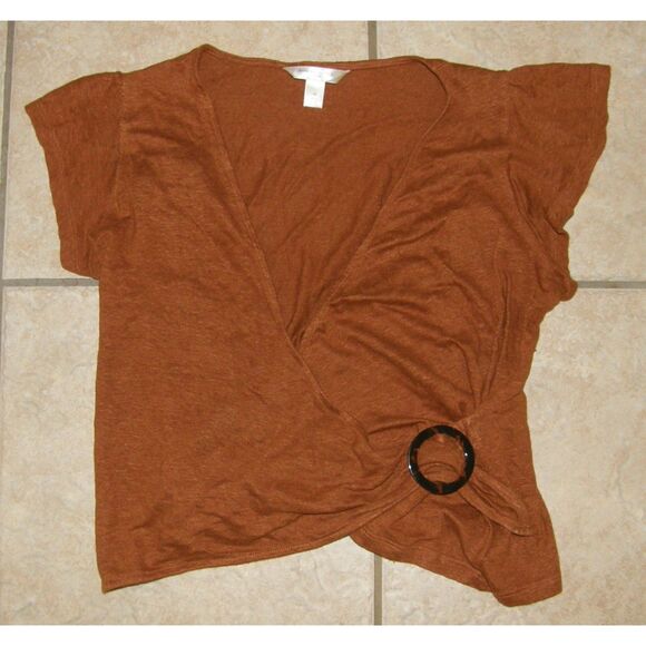Banana Republic Tops - BANANA REPUBLIC Cedar Brown Sz Medium Stretchy Linen Mock Wrap Cropped Shirt